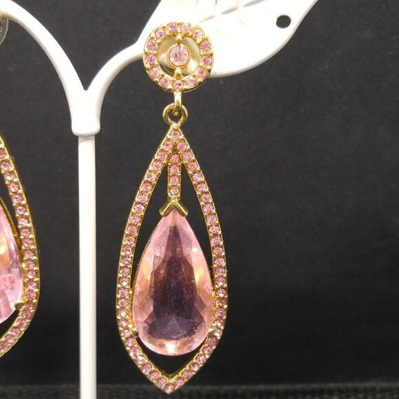 Pink Pave Rhinestone Crystal Post Earrings, Gold Tone, Large Pink Dangle Crystal - Picture 5 of 9